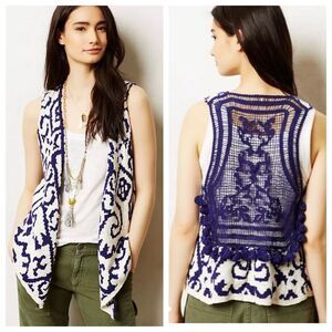 Anthropology MOTH Navy White Turson Netted Lace Tassel Vest Women’s Sz XS/Sm